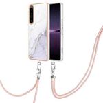 For Sony Xperia 1 IV Electroplating Marble Dual-side IMD Phone Case with Lanyard(White 006)