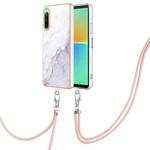 For Sony Xperia 10 IV Electroplating Marble Dual-side IMD Phone Case with Lanyard(White 006)