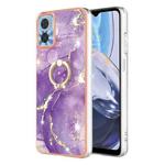 For Motorola Moto E22 Electroplating Marble IMD Phone Case with Ring Holder(Purple 002)