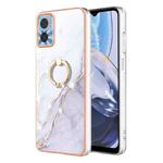 For Motorola Moto E22 Electroplating Marble IMD Phone Case with Ring Holder(White 006)