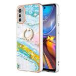 For Motorola Moto E32 4G / E32s Electroplating Marble IMD Phone Case with Ring Holder(Green 004)