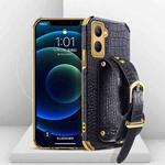 For Realme C33 Electroplated TPU Crocodile Pattern Leather Case with Wrist Strap(Black)