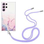 For Samsung Galaxy S23 Ultra 5G Hollow Marble Pattern TPU Shockproof Phone Case with Neck Strap Rope(Pink)