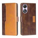 For OPPO A58 5G Contrast Color Side Buckle Leather Phone Case(Dark Brown+Gold)