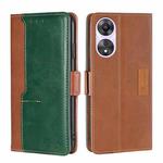 For OPPO A58 5G Contrast Color Side Buckle Leather Phone Case(Light Brown+Green)