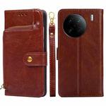 For vivo X90 Pro 5G Zipper Bag Leather Phone Case(Brown)