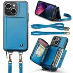 For iPhone 13 JEEHOOD C22 Series Zipper Wallet Leather Phone Case with Dual Lanyard(Blue)