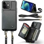 For iPhone 12 JEEHOOD C22 Series Zipper Wallet Leather Phone Case with Dual Lanyard(Black)