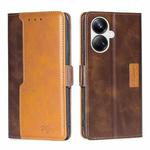 For Realme 10 Pro+ 5G Contrast Color Side Buckle Leather Phone Case(Dark Brown + Gold)