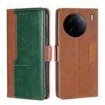 For vivo X90 Pro 5G Contrast Color Side Buckle Leather Phone Case(Light Brown + Green)