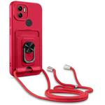 For Xiaomi Redmi A1+ Ring Kickstand Card Wallet TPU Phone Case with Lanyard(Red)