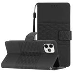 For iPhone 11 Pro Max Diamond Embossed Skin Feel Leather Phone Case with Lanyard(Black)