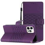 For iPhone 12 Pro Diamond Embossed Skin Feel Leather Phone Case with Lanyard(Purple)