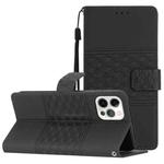 For iPhone 12 Pro Max Diamond Embossed Skin Feel Leather Phone Case with Lanyard(Black)