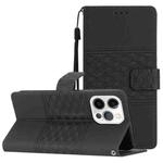 For iPhone 13 Pro Diamond Embossed Skin Feel Leather Phone Case with Lanyard(Black)
