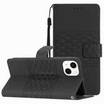 For iPhone 14 Diamond Embossed Skin Feel Leather Phone Case with Lanyard(Black)