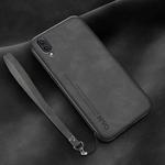 For Huawei Enjoy 9 Lamba Skin Feel Leather Back Phone Case with Strap(Dark Grey)