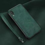 For Huawei Enjoy 9e Lamba Skin Feel Leather Back Phone Case with Strap(Deep Green)