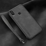 For Huawei Enjoy 9 Plus Lamba Skin Feel Leather Back Phone Case with Strap(Dark Grey)