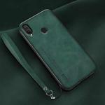 For Huawei Enjoy 9 Plus Lamba Skin Feel Leather Back Phone Case with Strap(Deep Green)