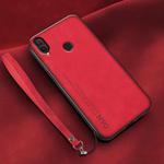 For Huawei Enjoy 9 Plus Lamba Skin Feel Leather Back Phone Case with Strap(Red)