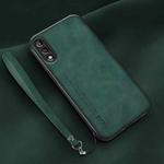 For Huawei Enjoy 10 Lamba Skin Feel Leather Back Phone Case with Strap(Deep Green)
