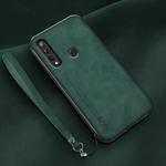 For Huawei Enjoy 10 Plus Lamba Skin Feel Leather Back Phone Case with Strap(Deep Green)