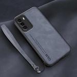 For Huawei Enjoy 30e Lamba Skin Feel Leather Back Phone Case with Strap(Blue)