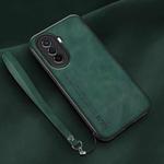 For Huawei Enjoy 50 4G Lamba Skin Feel Leather Back Phone Case with Strap(Deep Green)