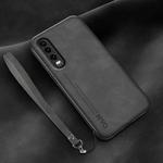 For Huawei P30 Lamba Skin Feel Leather Back Phone Case with Strap(Dark Grey)