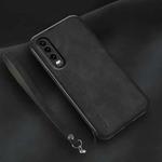 For Huawei P30 Lamba Skin Feel Leather Back Phone Case with Strap(Black)