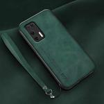 For Huawei P40 Lamba Skin Feel Leather Back Phone Case with Strap(Deep Green)