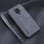 For Huawei Mate 20 X Lamba Skin Feel Leather Back Phone Case with Strap(Blue)
