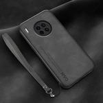 For Huawei Mate 30 Lamba Skin Feel Leather Back Phone Case with Strap(Dark Grey)