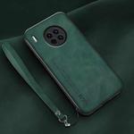 For Huawei Mate 30 Lamba Skin Feel Leather Back Phone Case with Strap(Deep Green)