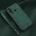 For Huawei nova 4 Lamba Skin Feel Leather Back Phone Case with Strap(Deep Green)
