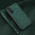 For Huawei nova 5 Lamba Skin Feel Leather Back Phone Case with Strap(Deep Green)