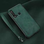 For Huawei nova 5i Lamba Skin Feel Leather Back Phone Case with Strap(Deep Green)