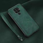 For Huawei nova 5i Pro Lamba Skin Feel Leather Back Phone Case with Strap(Deep Green)