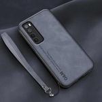 For Huawei nova 7 Lamba Skin Feel Leather Back Phone Case with Strap(Blue)
