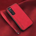 For Huawei nova 7 Lamba Skin Feel Leather Back Phone Case with Strap(Red)