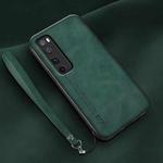 For Huawei nova 7 Pro Lamba Skin Feel Leather Back Phone Case with Strap(Deep Green)