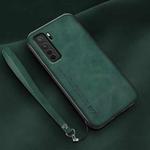 For Huawei nova 7 SE Lamba Skin Feel Leather Back Phone Case with Strap(Deep Green)