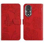 For Honor 80 HT03 Skin Feel Butterfly Embossed Flip Leather Phone Case(Red)