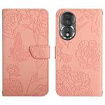 For Honor 80 HT03 Skin Feel Butterfly Embossed Flip Leather Phone Case(Pink)