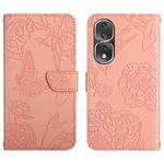 For Honor 80 Pro HT03 Skin Feel Butterfly Embossed Flip Leather Phone Case(Pink)