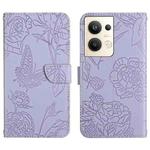 For OPPO Reno9 Pro+ HT03 Skin Feel Butterfly Embossed Flip Leather Phone Case(Purple)