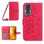 For Honor 80 HT04 Skin Feel Sun Flower Embossed Flip Leather Phone Case with Lanyard(Rose Red)