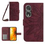 For Honor 80 Pro HT04 Skin Feel Sun Flower Embossed Flip Leather Phone Case with Lanyard(Wine Red)