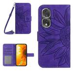 For Honor 80 Pro HT04 Skin Feel Sun Flower Embossed Flip Leather Phone Case with Lanyard(Dark Purple)